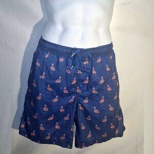 Trinity Men's swim trunks, Dark Blue w Pink Flamingo design, size Medium